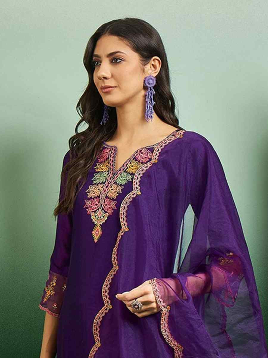 Purple Chanderi Embroidered Festival Casual Ready Pant Salwar Kameez