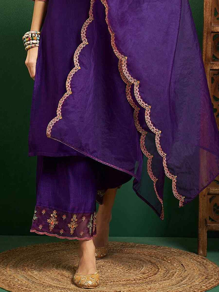 Purple Chanderi Embroidered Festival Casual Ready Pant Salwar Kameez