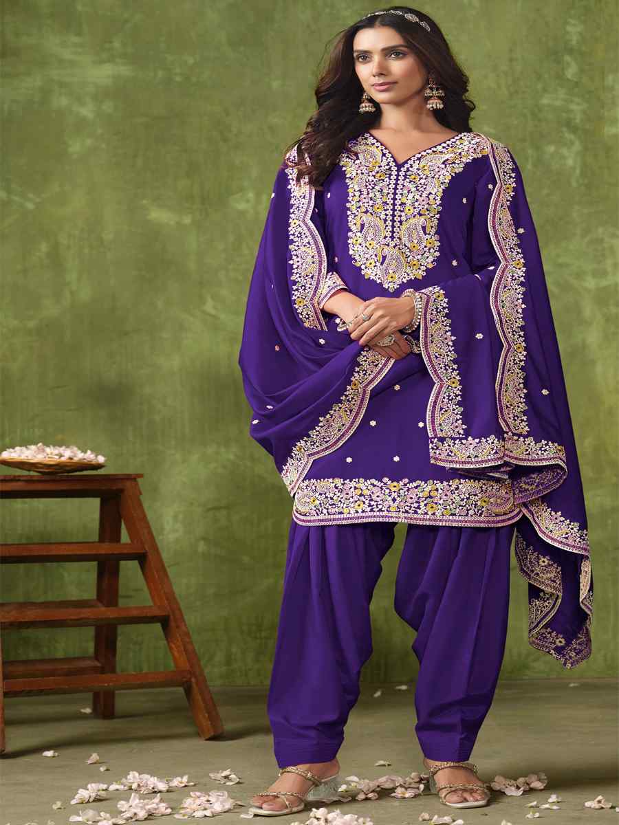 Purple Chanderi Roman Silk Embroidered Festival Wedding Patiala Salwar Kameez