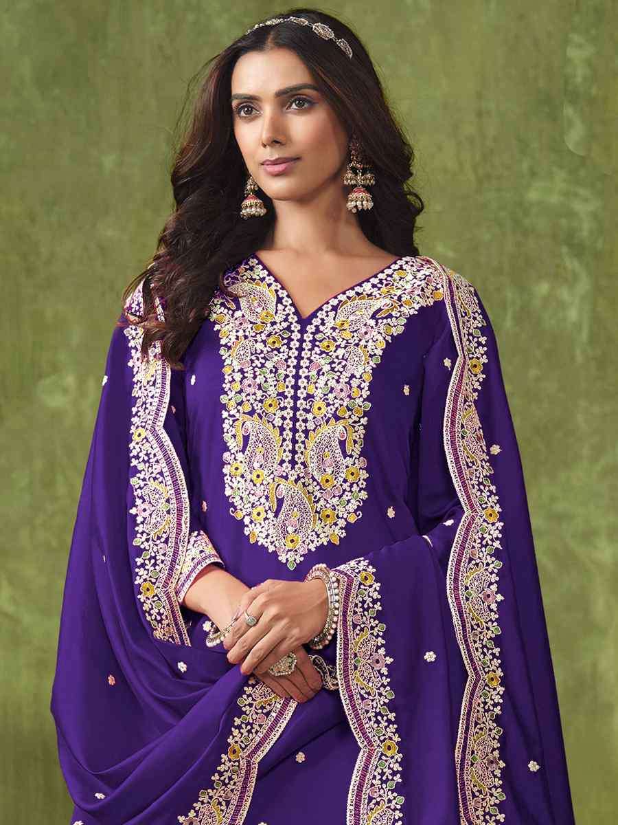 Purple Chanderi Roman Silk Embroidered Festival Wedding Patiala Salwar Kameez