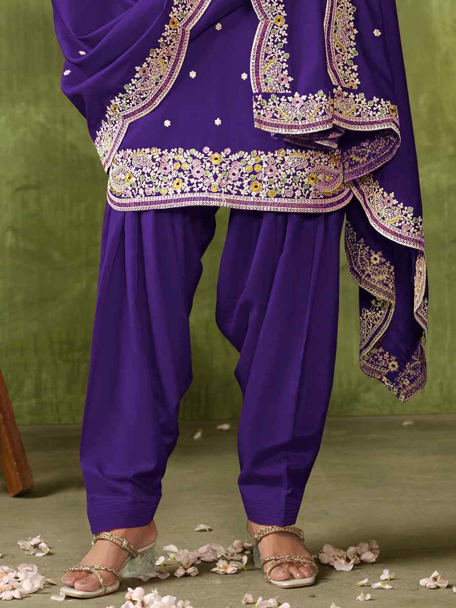 Purple Chanderi Roman Silk Embroidered Festival Wedding Patiala Salwar Kameez