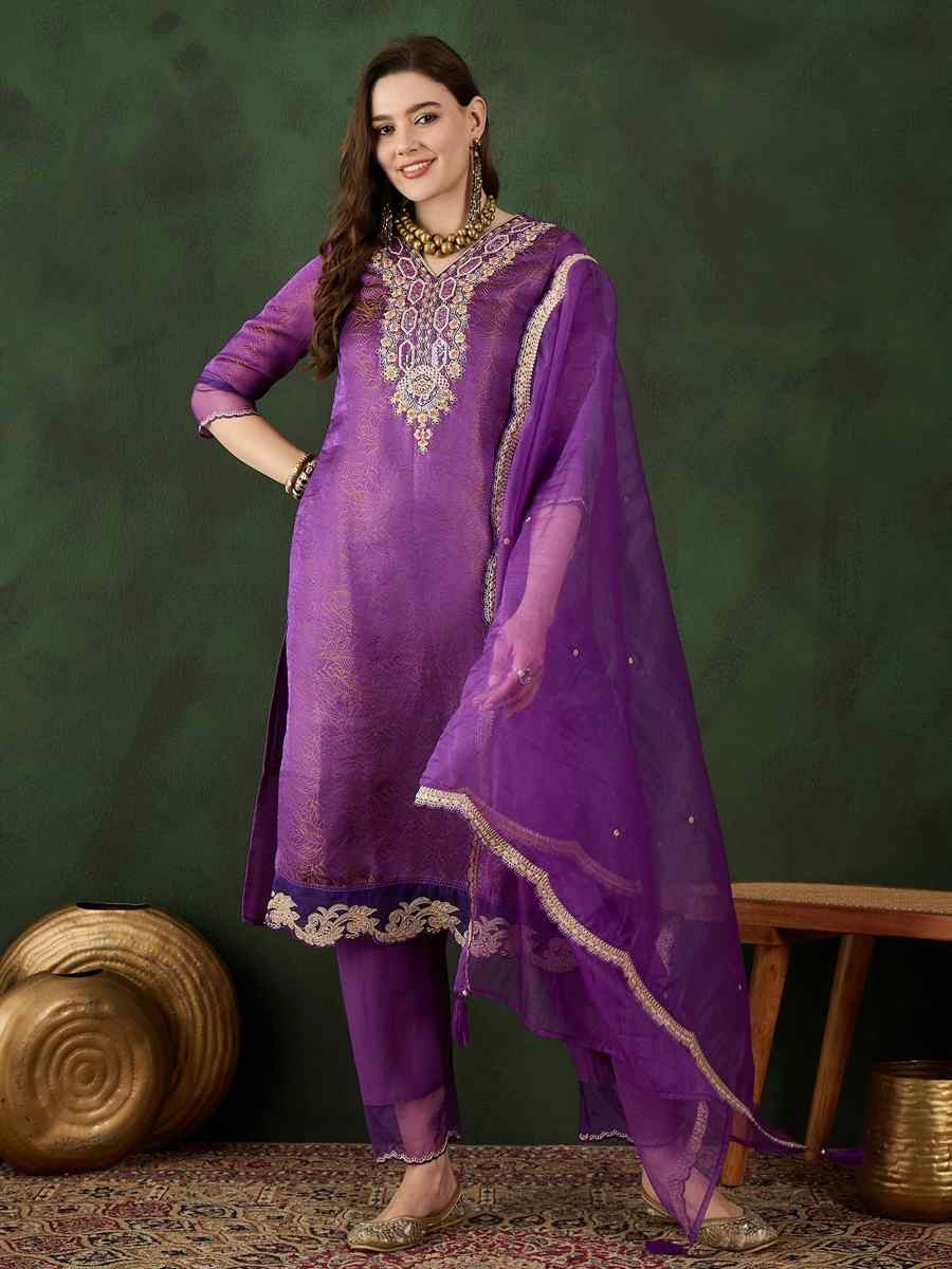 Purple Chanderi Silk Embroidered Festival Casual Ready Pant Salwar Kameez