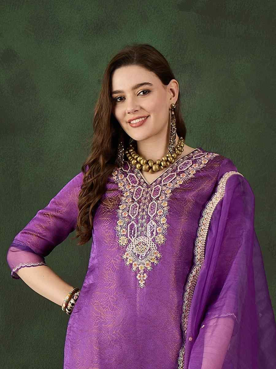 Purple Chanderi Silk Embroidered Festival Casual Ready Pant Salwar Kameez