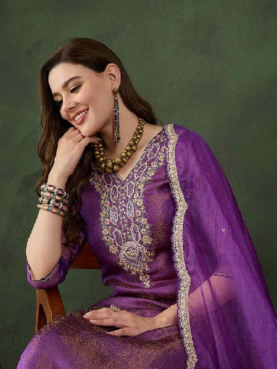 Purple Chanderi Silk Embroidered Festival Casual Ready Pant Salwar Kameez