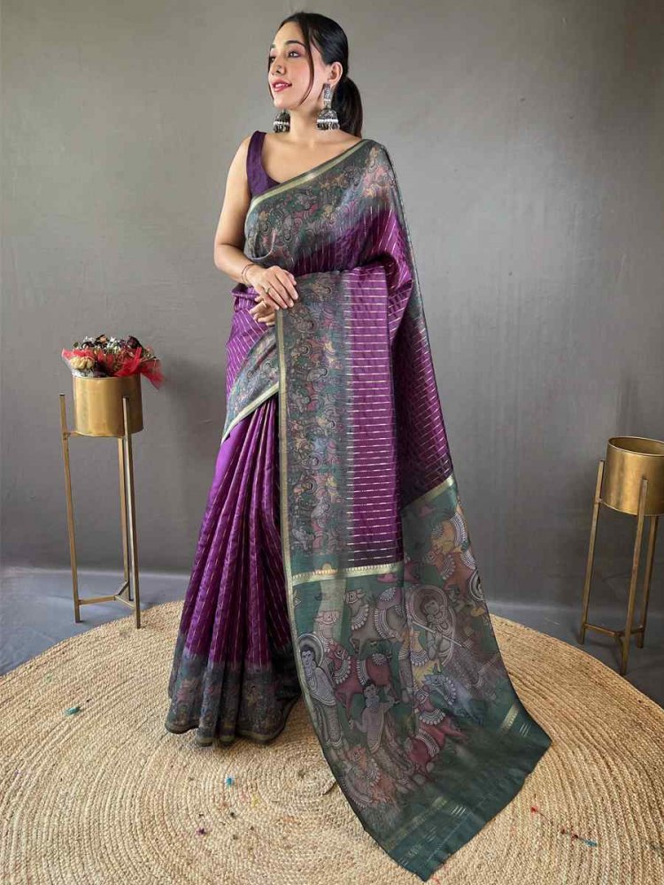 Purple Chanderi Silk Handwoven Festival Wedding Heavy Border Saree