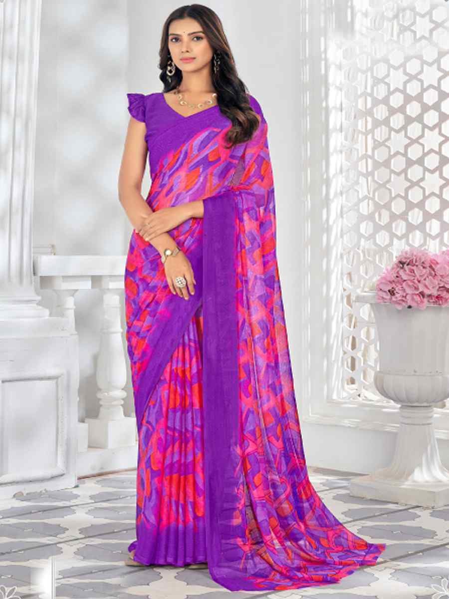 Purple Chiffon Printed Casual Festival Contemporary Saree