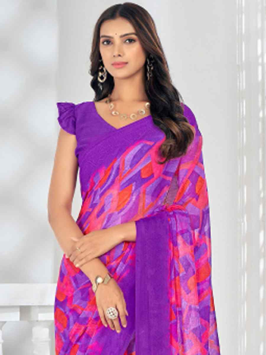 Purple Chiffon Printed Casual Festival Contemporary Saree