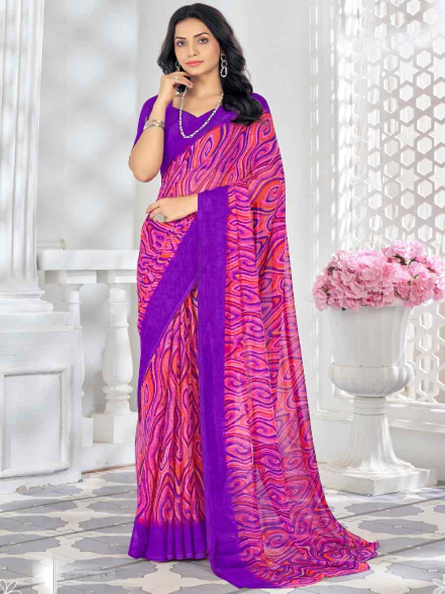 Purple Chiffon Printed Casual Festival Contemporary Saree