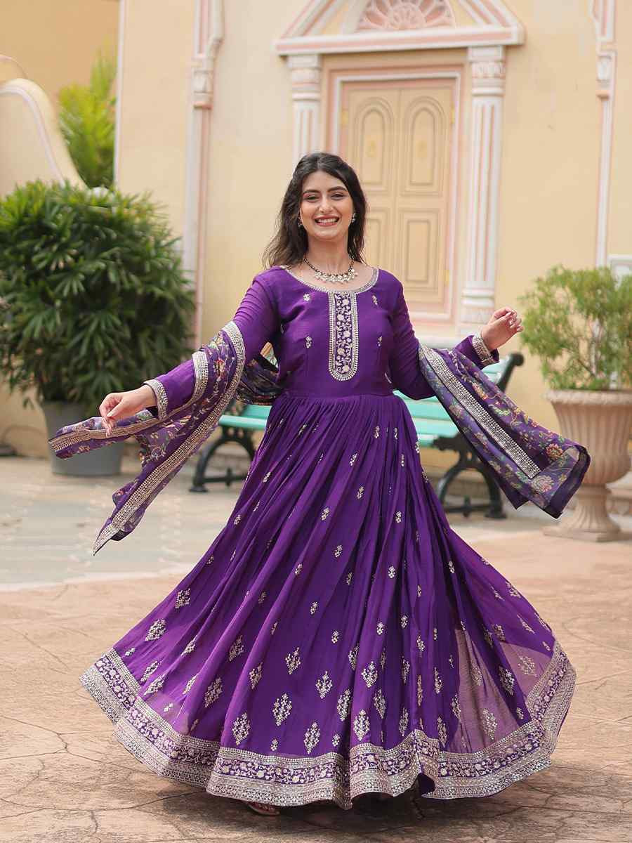 Purple Chinon Embroidered Festival Casual Gown