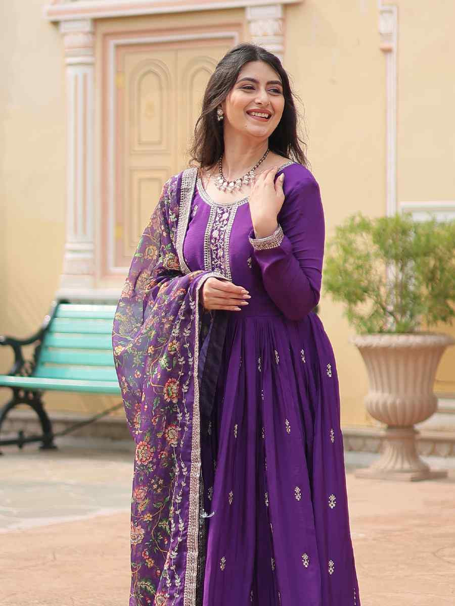 Purple Chinon Embroidered Festival Casual Gown