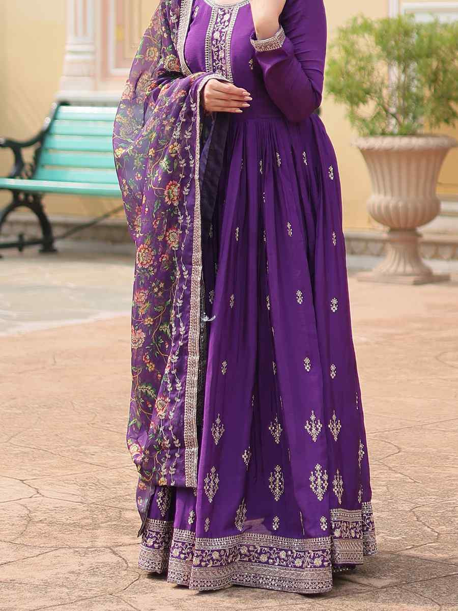 Purple Chinon Embroidered Festival Casual Gown