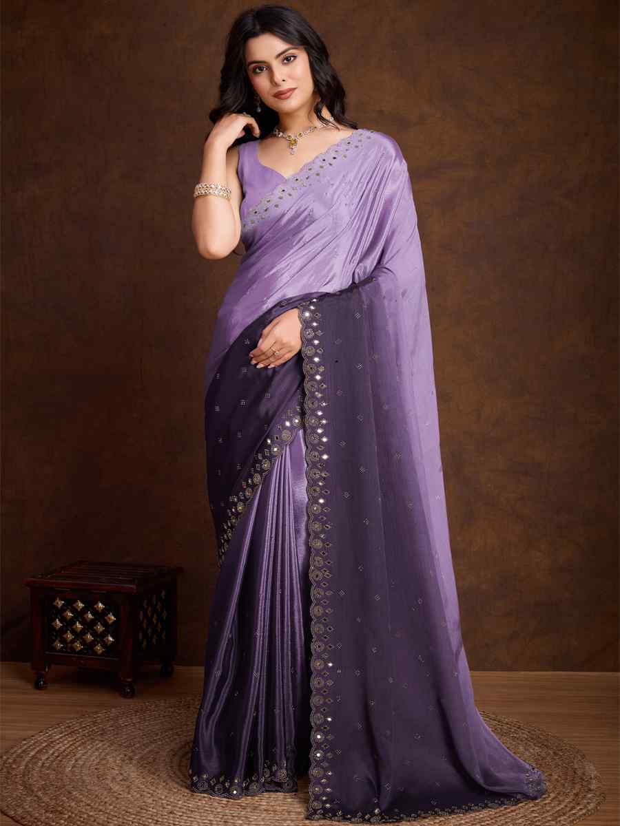 Purple Chinon Embroidered Festival Party Classic Style Saree