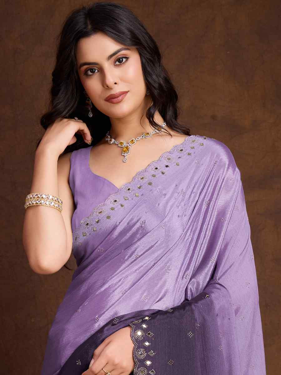 Purple Chinon Embroidered Festival Party Classic Style Saree