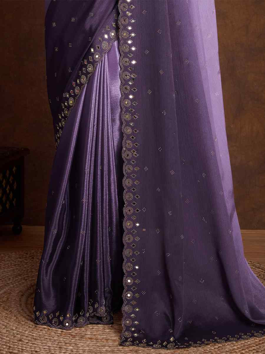 Purple Chinon Embroidered Festival Party Classic Style Saree