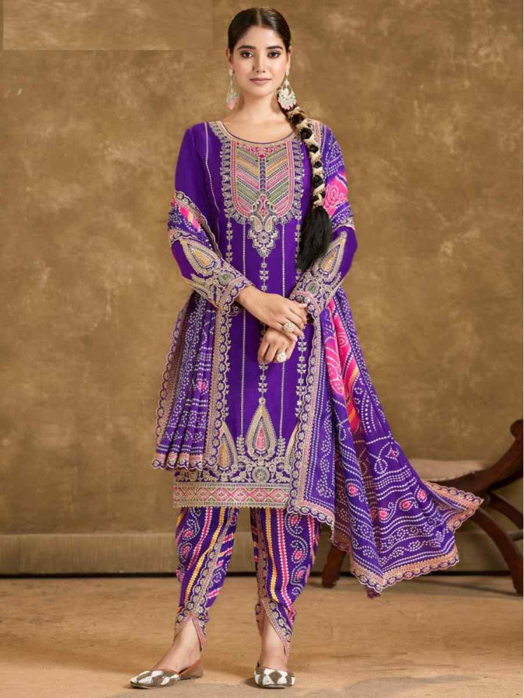 Purple Chinon Embroidered Festival Wedding Doti Pant Salwar Kameez