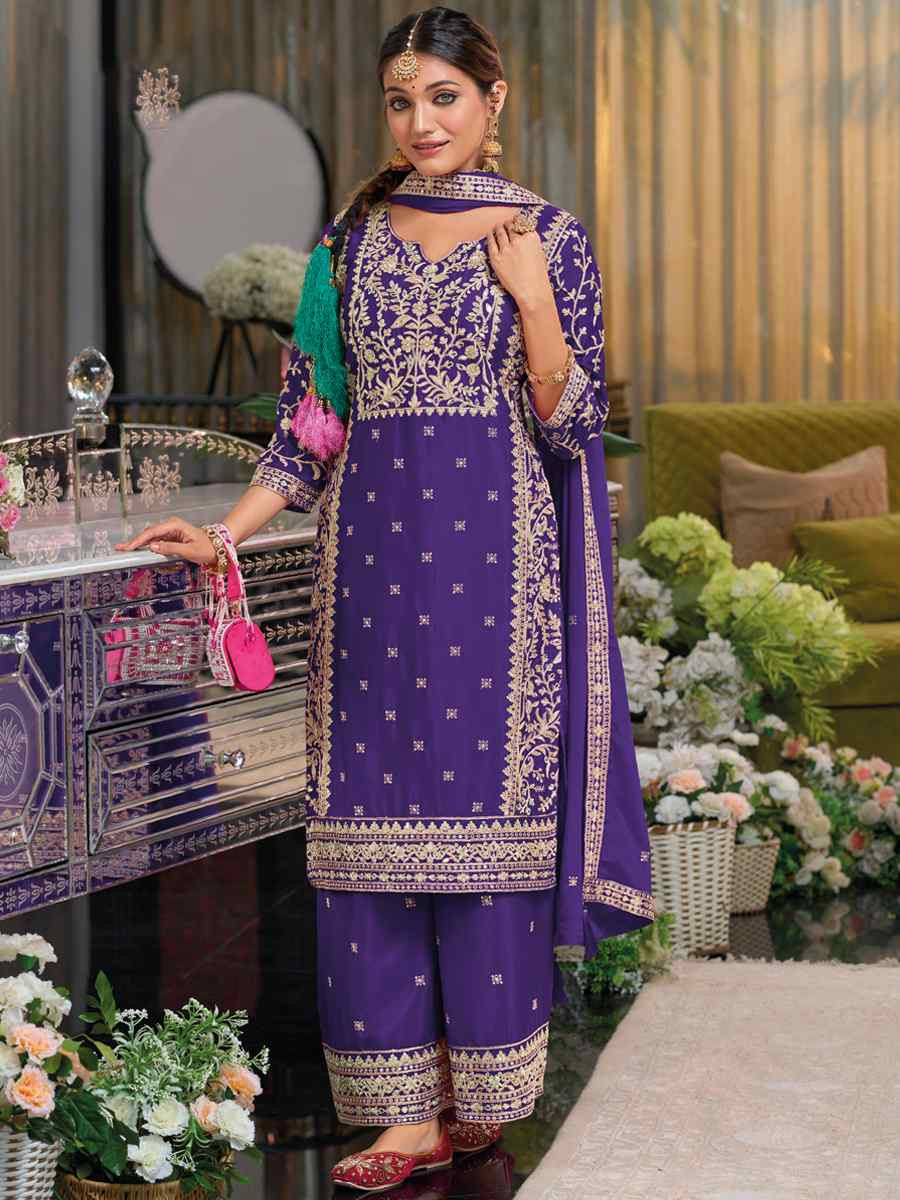 Purple Chinon Embroidered Festival Wedding Palazzo Pant Salwar Kameez