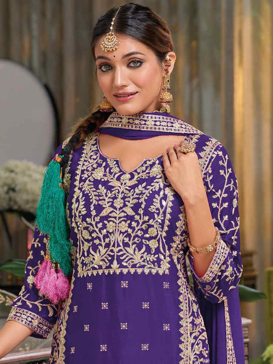 Purple Chinon Embroidered Festival Wedding Palazzo Pant Salwar Kameez