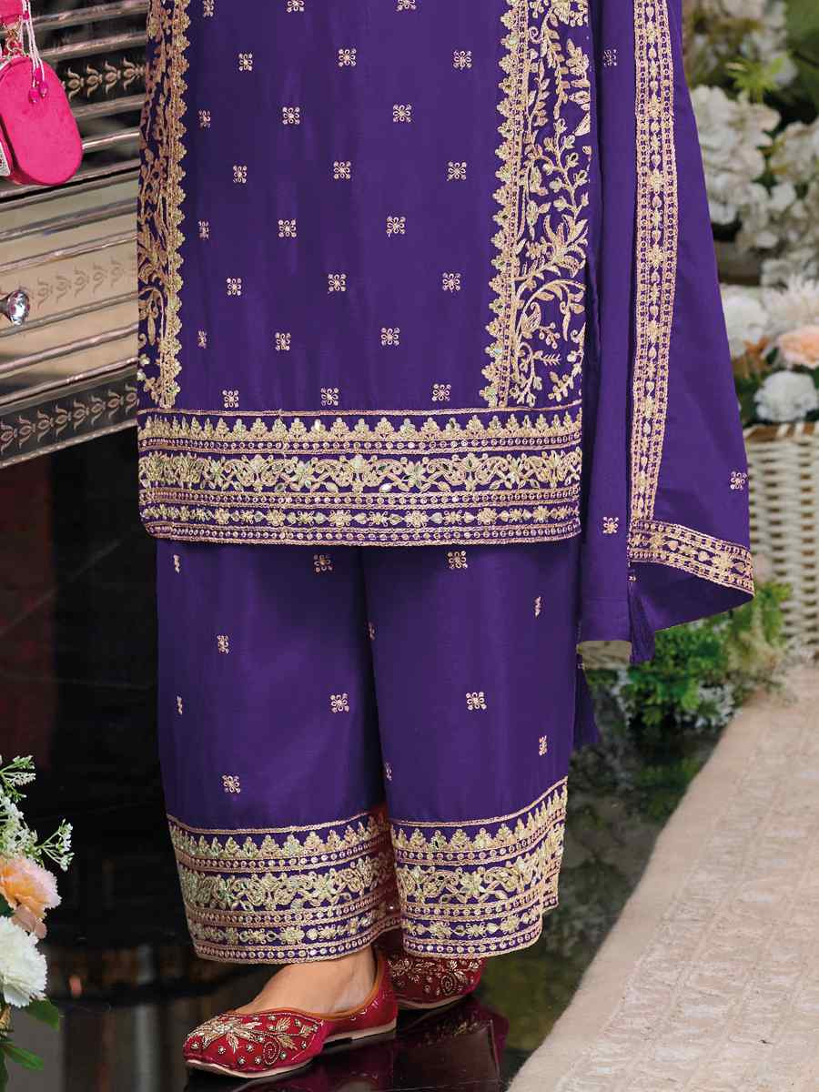 Purple Chinon Embroidered Festival Wedding Palazzo Pant Salwar Kameez