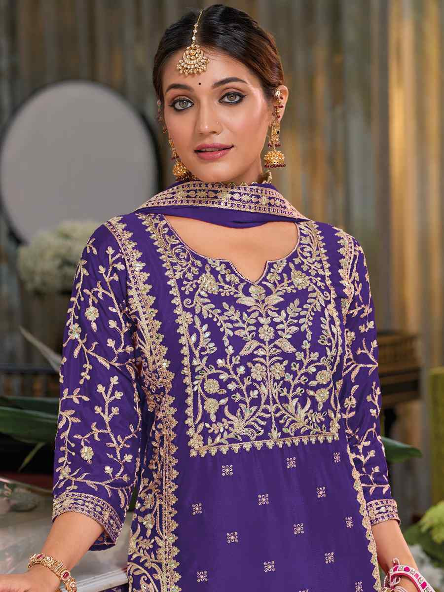 Purple Chinon Embroidered Festival Wedding Palazzo Pant Salwar Kameez