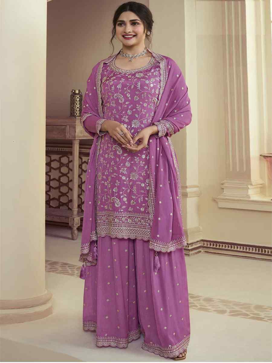 Purple Chinon Embroidered Festival Wedding Palazzo Pant Salwar Kameez