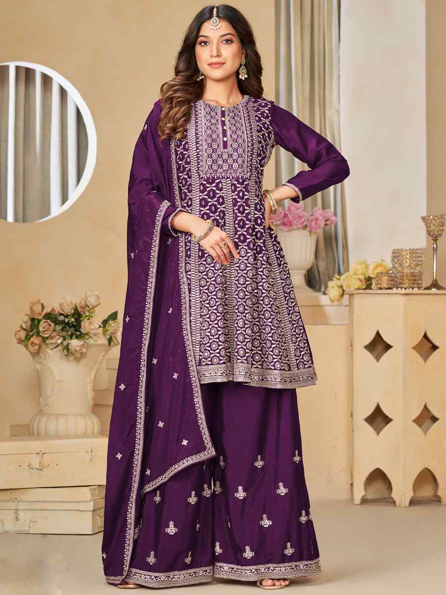 Purple Chinon Embroidered Festival Wedding Palazzo Pant Salwar Kameez