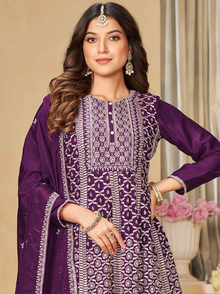 Purple Chinon Embroidered Festival Wedding Palazzo Pant Salwar Kameez