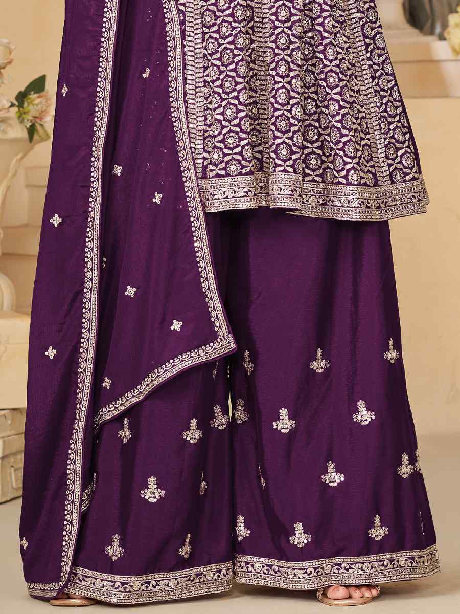 Purple Chinon Embroidered Festival Wedding Palazzo Pant Salwar Kameez