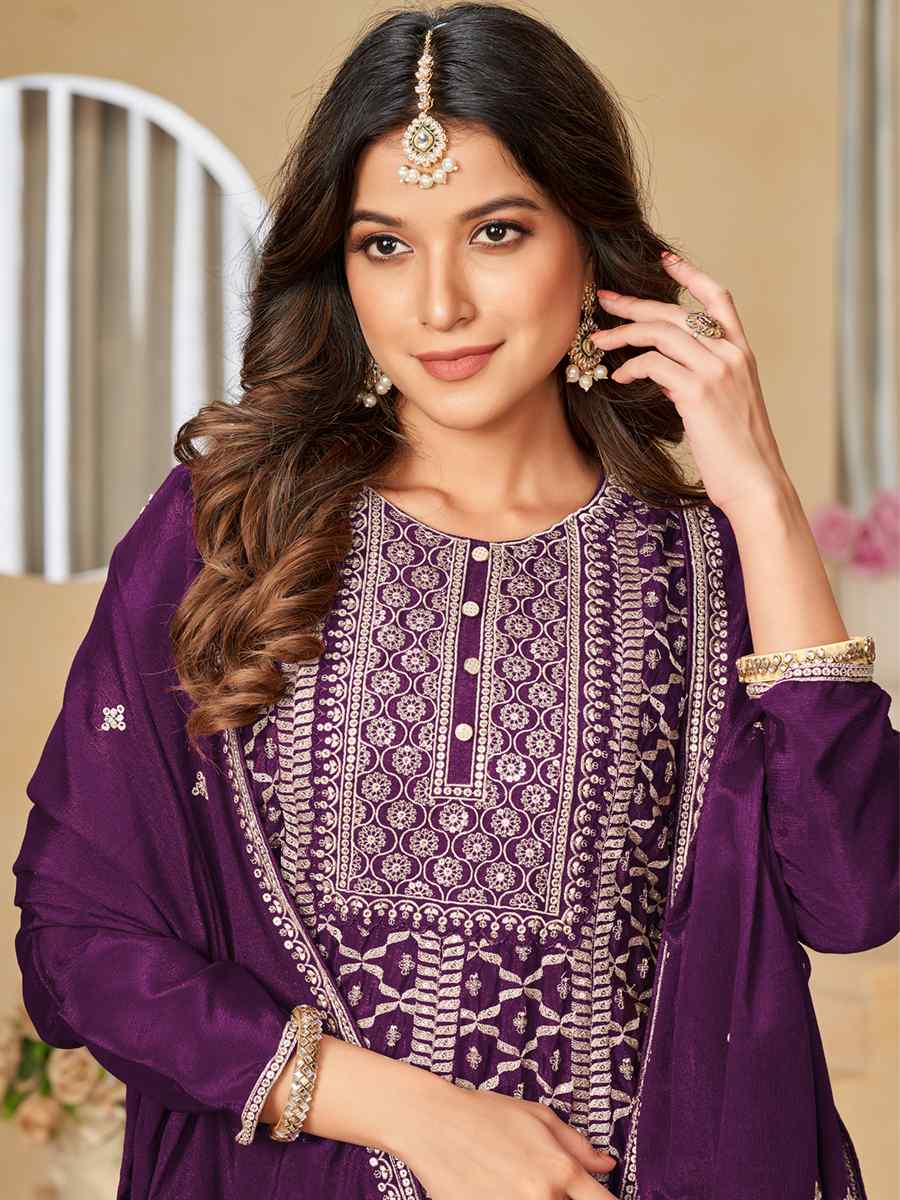 Purple Chinon Embroidered Festival Wedding Palazzo Pant Salwar Kameez