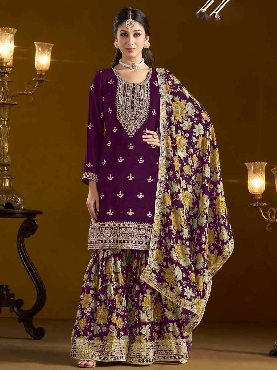 Purple Chinon Embroidered Festival Wedding Sharara Pant Salwar Kameez