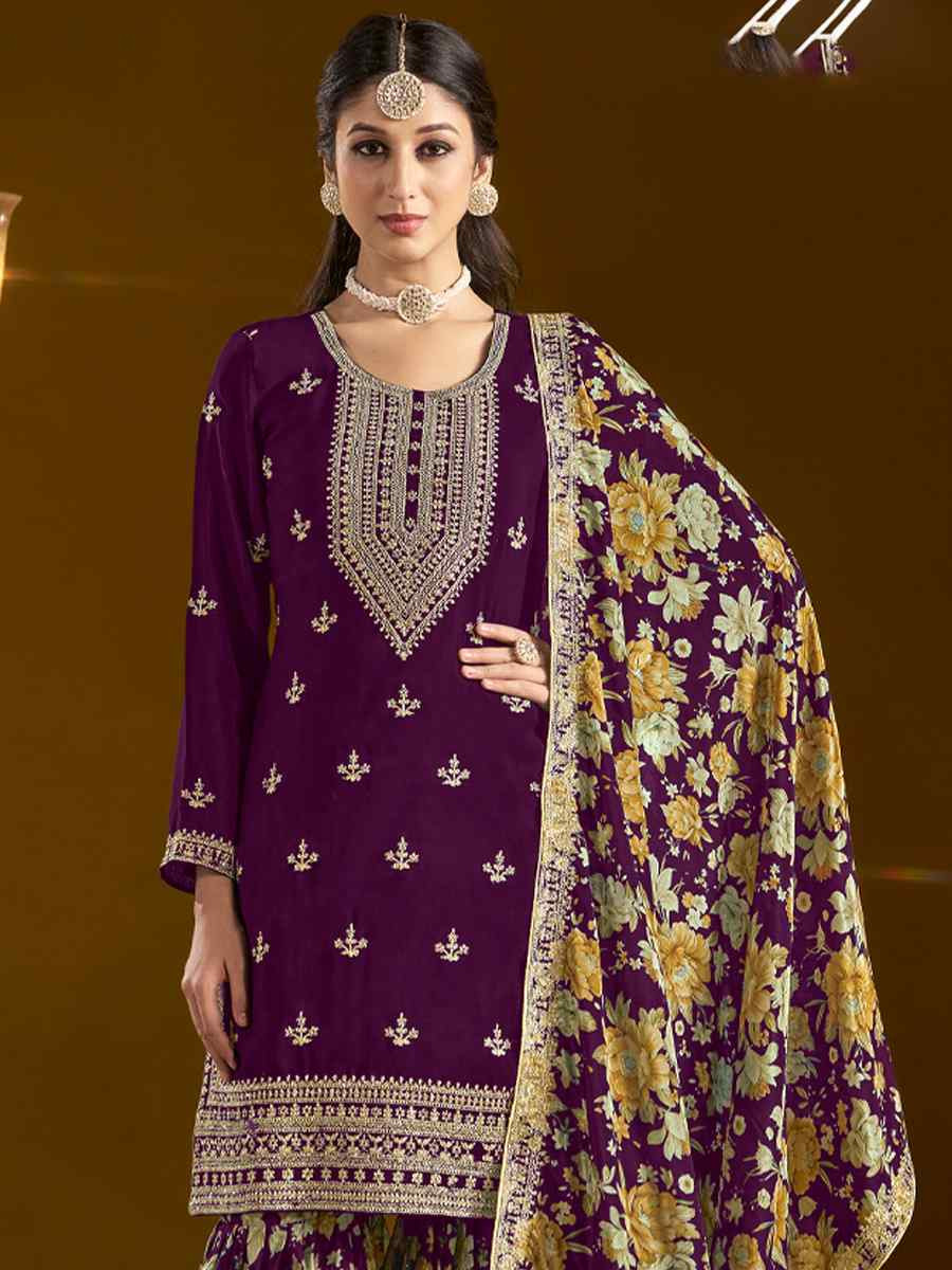 Purple Chinon Embroidered Festival Wedding Sharara Pant Salwar Kameez