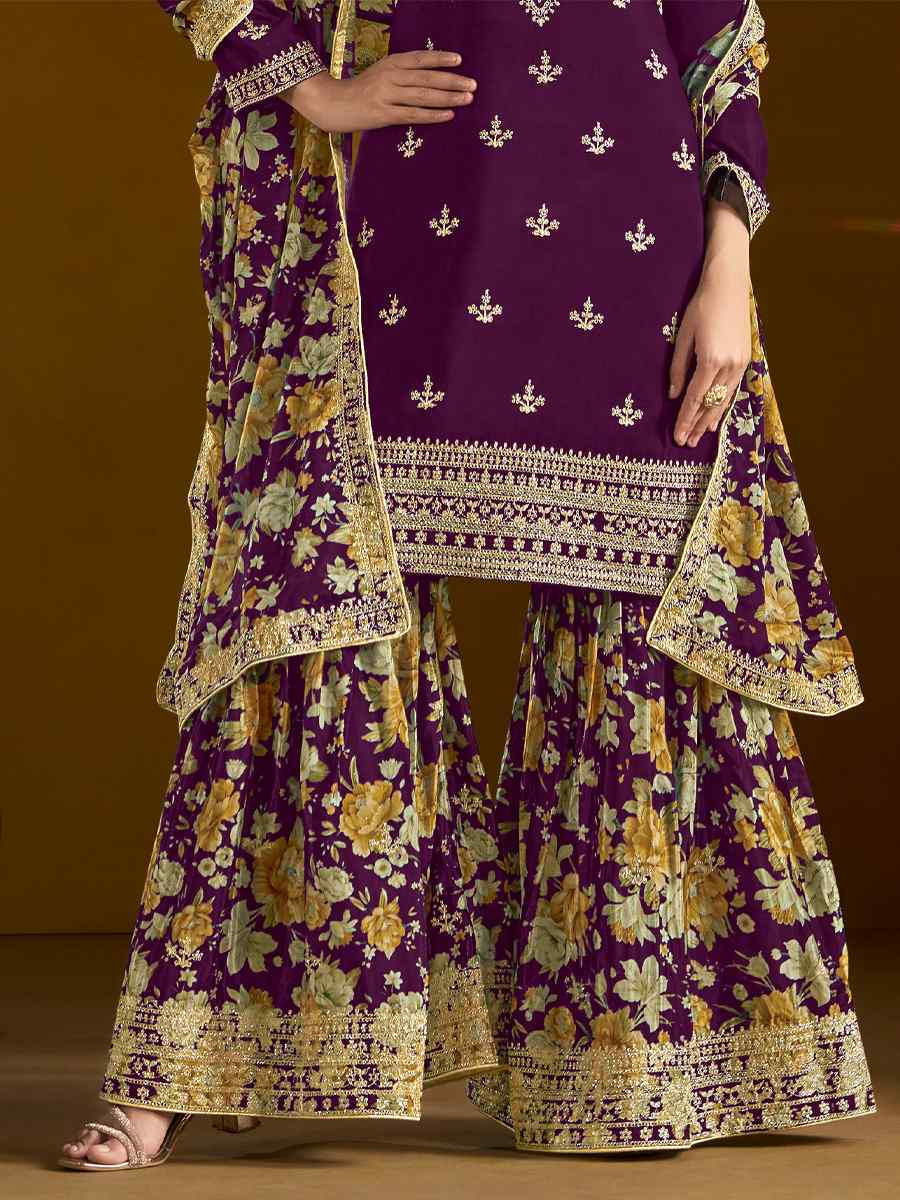 Purple Chinon Embroidered Festival Wedding Sharara Pant Salwar Kameez