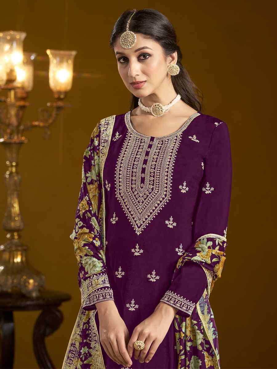 Purple Chinon Embroidered Festival Wedding Sharara Pant Salwar Kameez