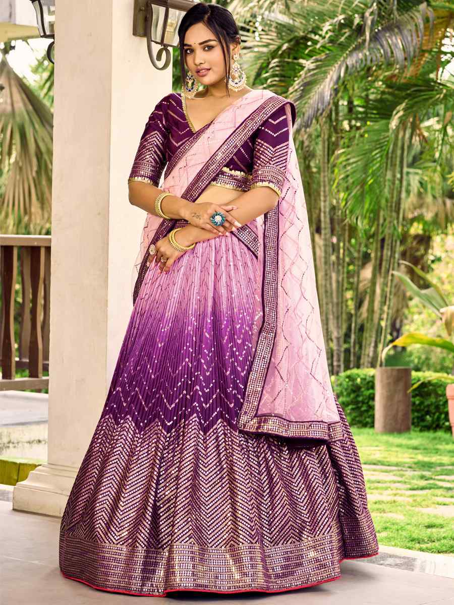 Purple Chinon Embroidered Reception Wedding Heavy Border Lehenga Choli