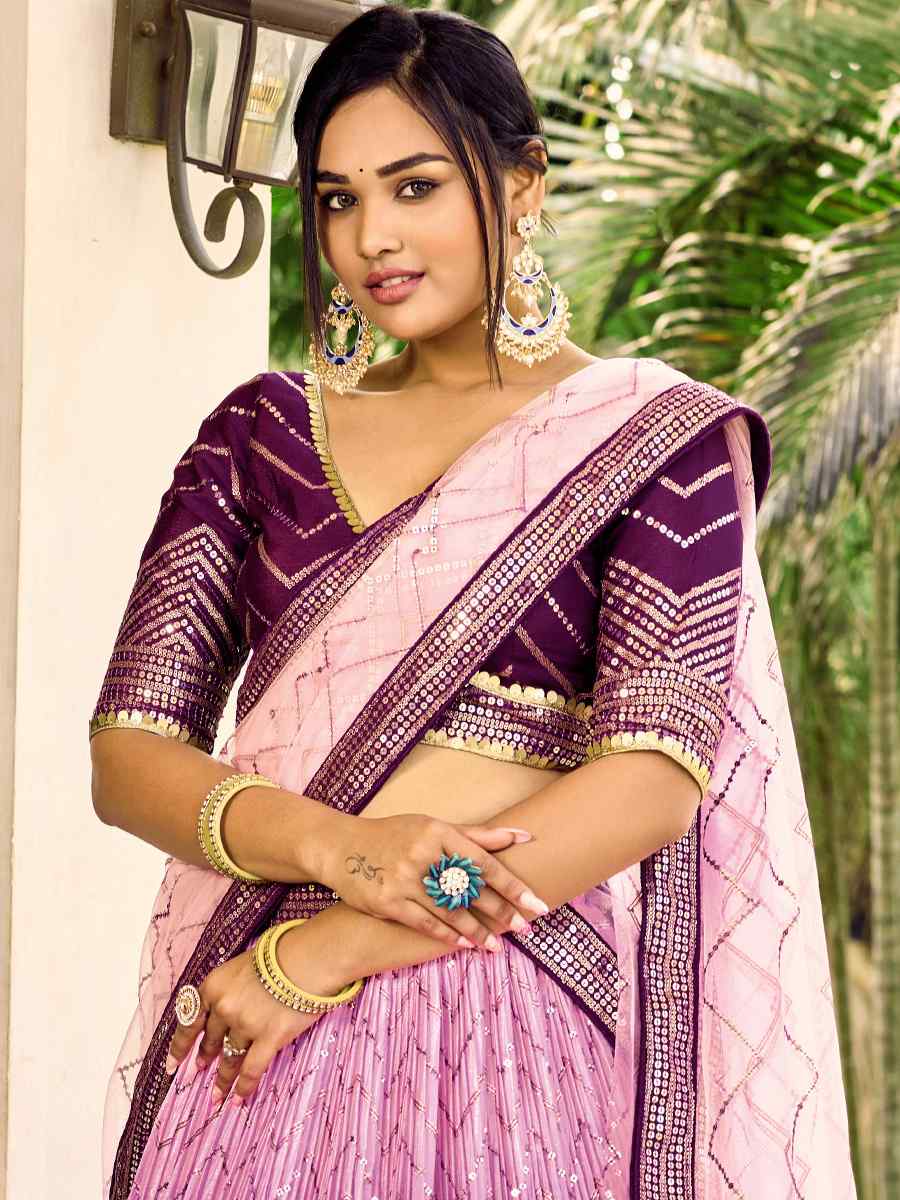 Purple Chinon Embroidered Reception Wedding Heavy Border Lehenga Choli