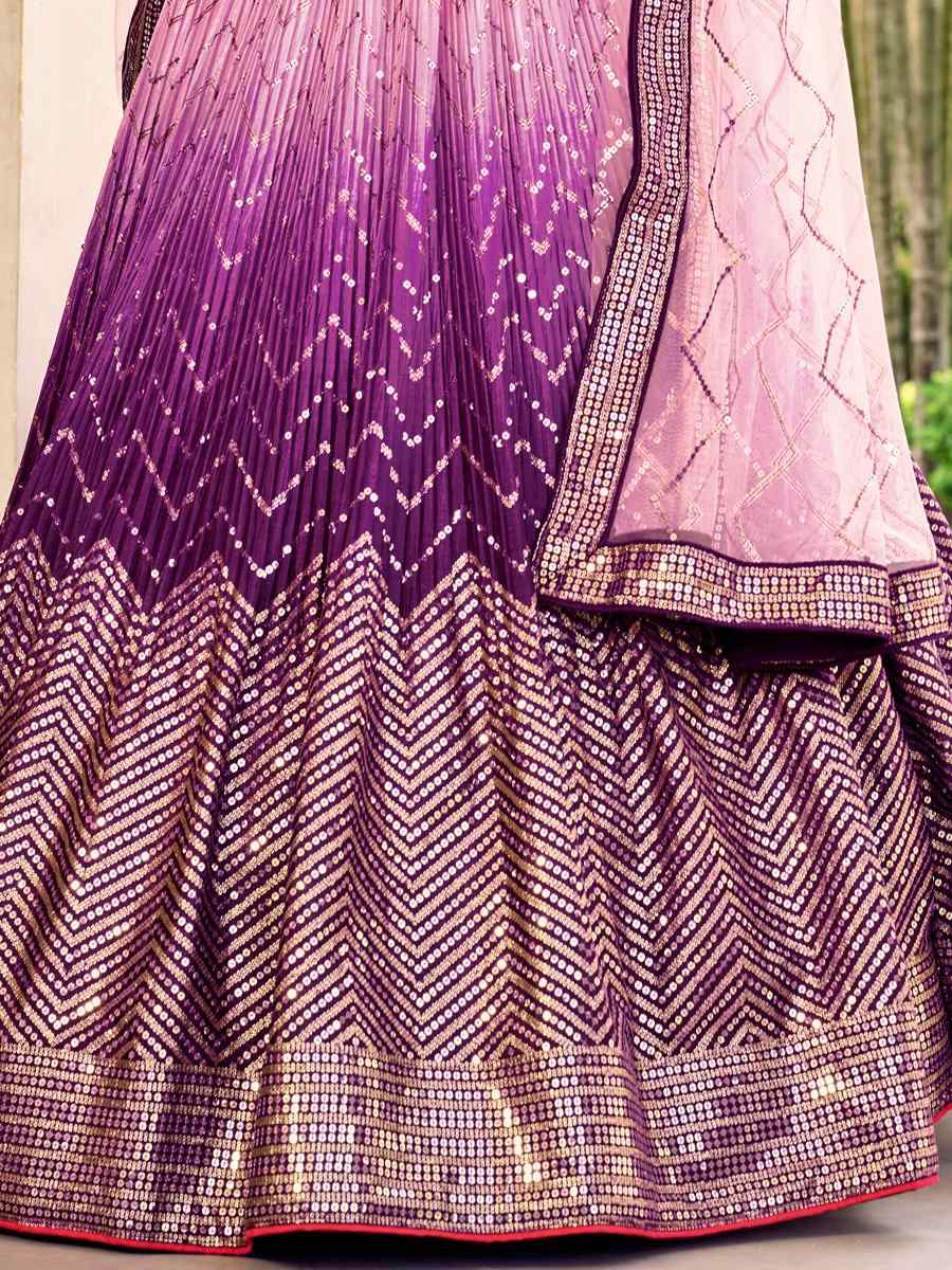 Purple Chinon Embroidered Reception Wedding Heavy Border Lehenga Choli