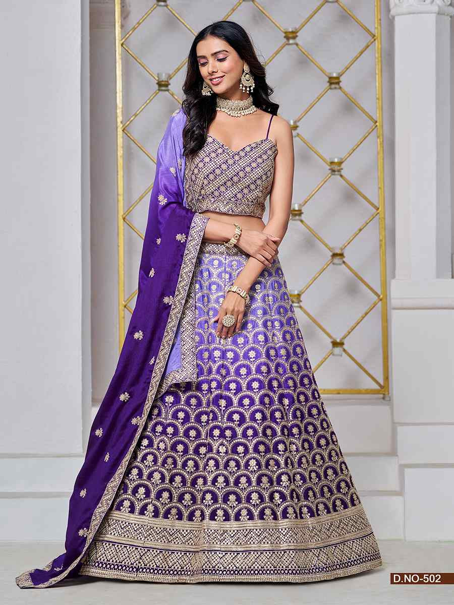 Purple Chinon Embroidered Wedding Bridesmaid Heavy Border Lehenga Choli