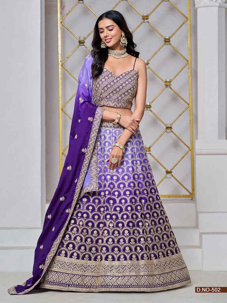 Purple Chinon Embroidered Wedding Bridesmaid Heavy Border Lehenga Choli