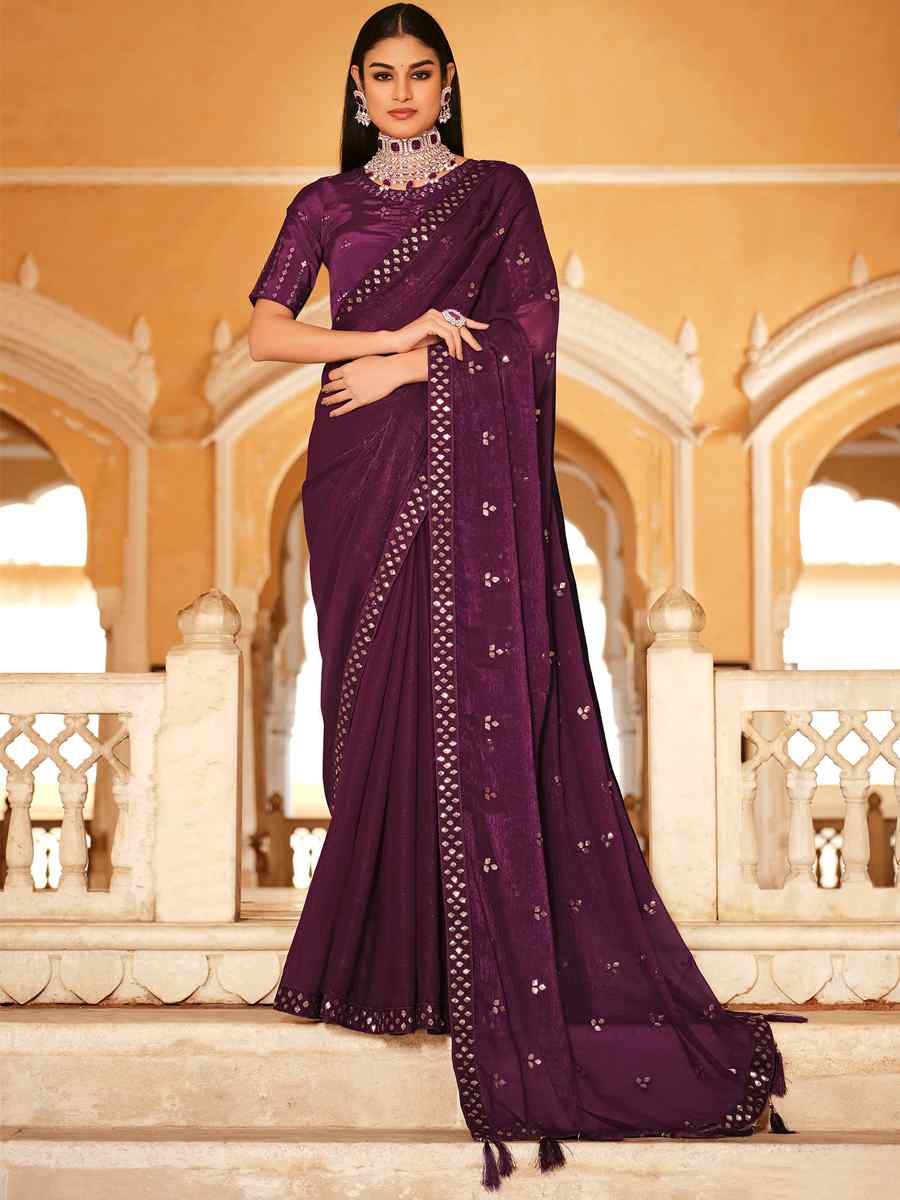 Purple Chinon Handwoven Wedding Festival Heavy Border Saree