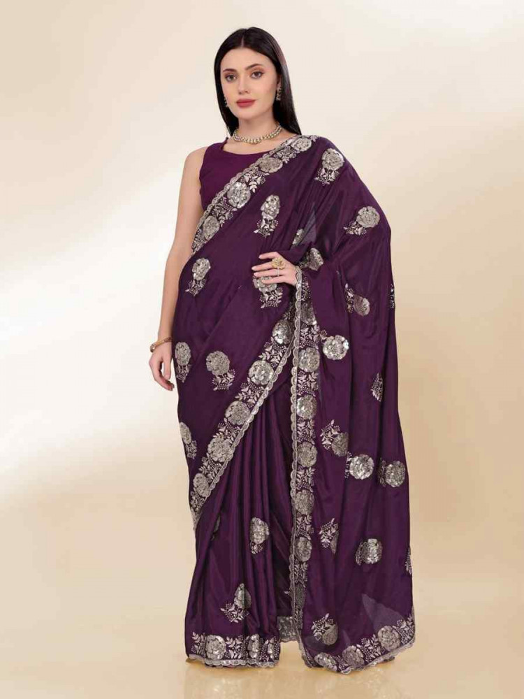 Purple Chinon Silk Embroidered Bridesmaid Reception Heavy Border Saree