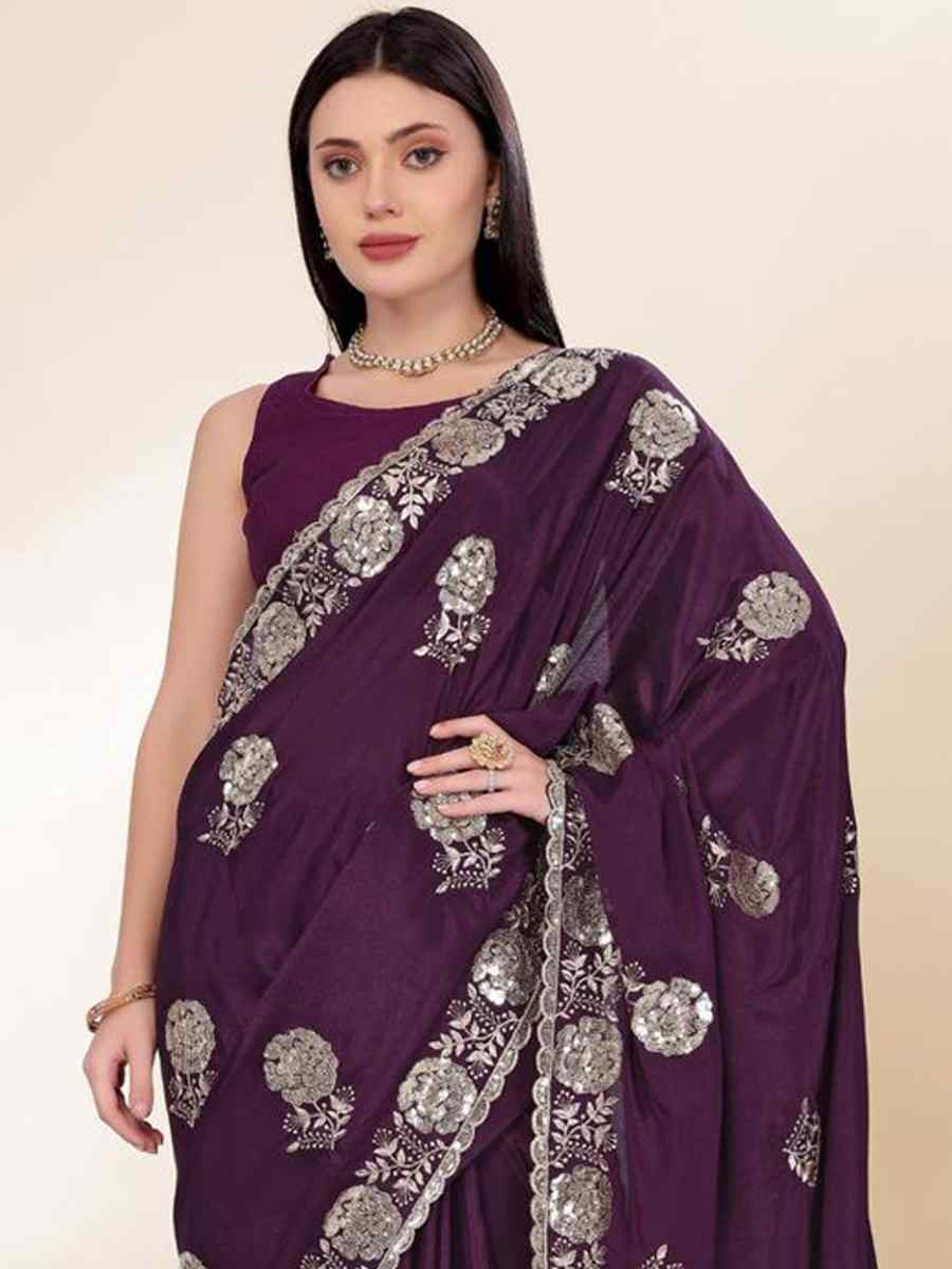 Purple Chinon Silk Embroidered Bridesmaid Reception Heavy Border Saree