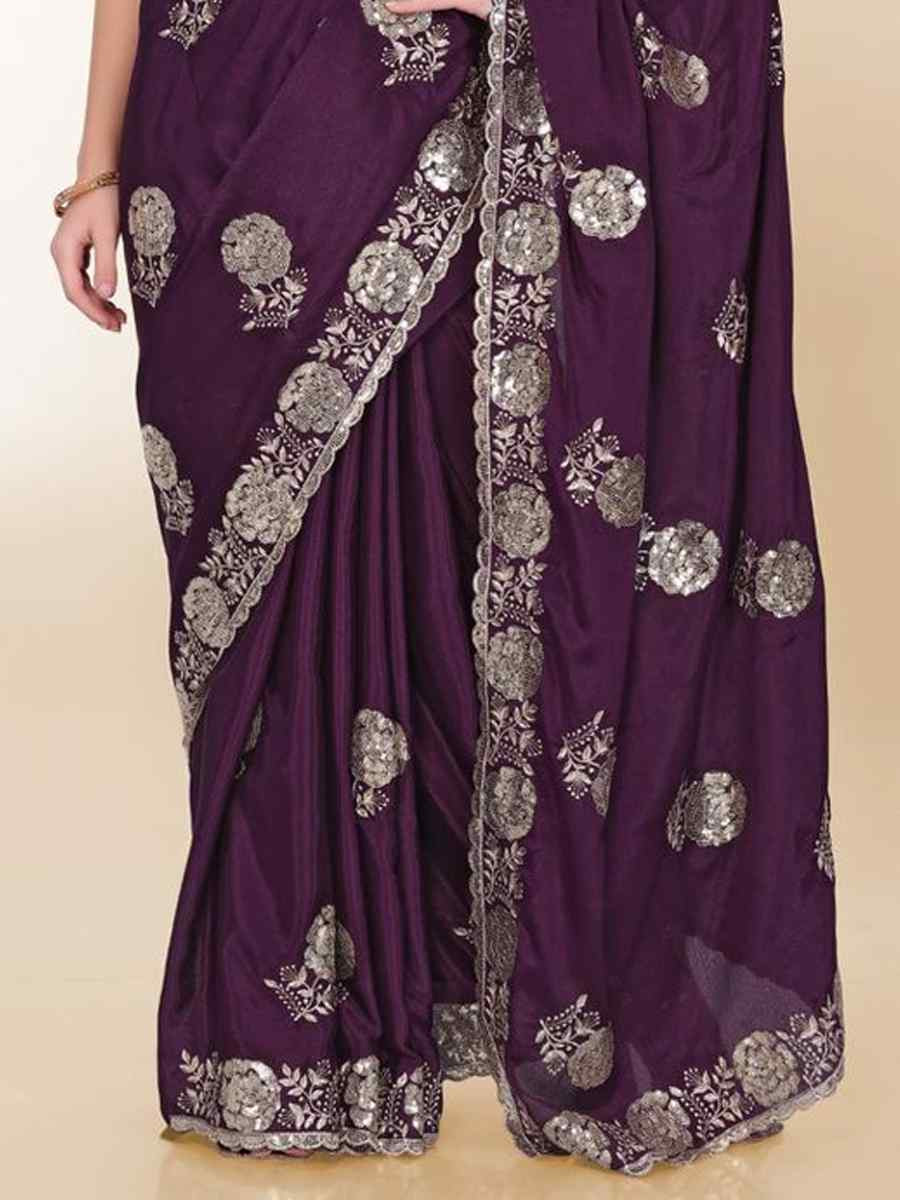 Purple Chinon Silk Embroidered Bridesmaid Reception Heavy Border Saree