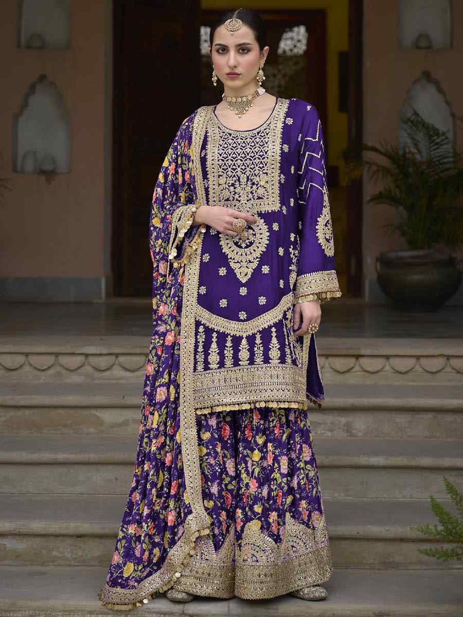 Purple Chinon Silk Embroidered Festival Wedding Palazzo Pant Salwar Kameez