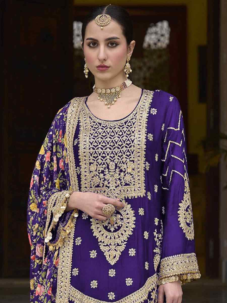 Purple Chinon Silk Embroidered Festival Wedding Palazzo Pant Salwar Kameez