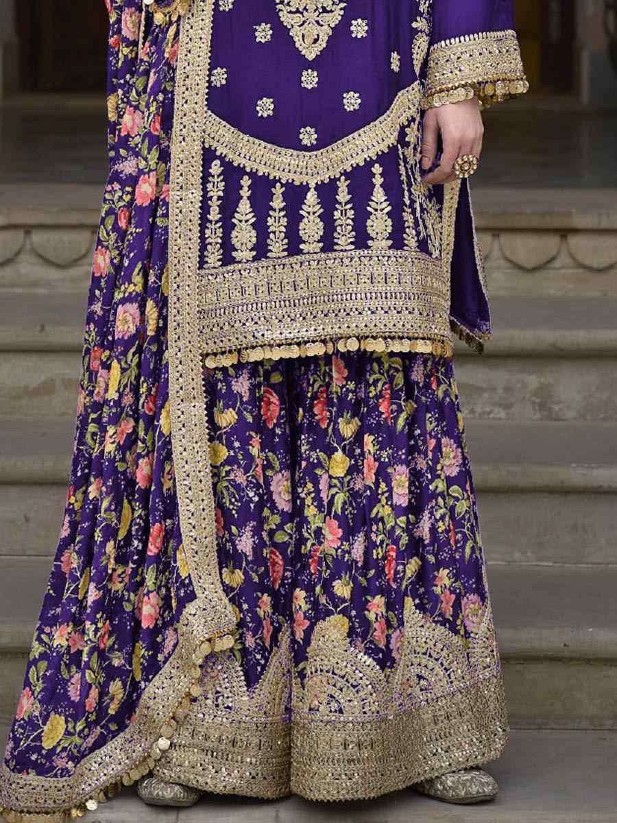 Purple Chinon Silk Embroidered Festival Wedding Palazzo Pant Salwar Kameez