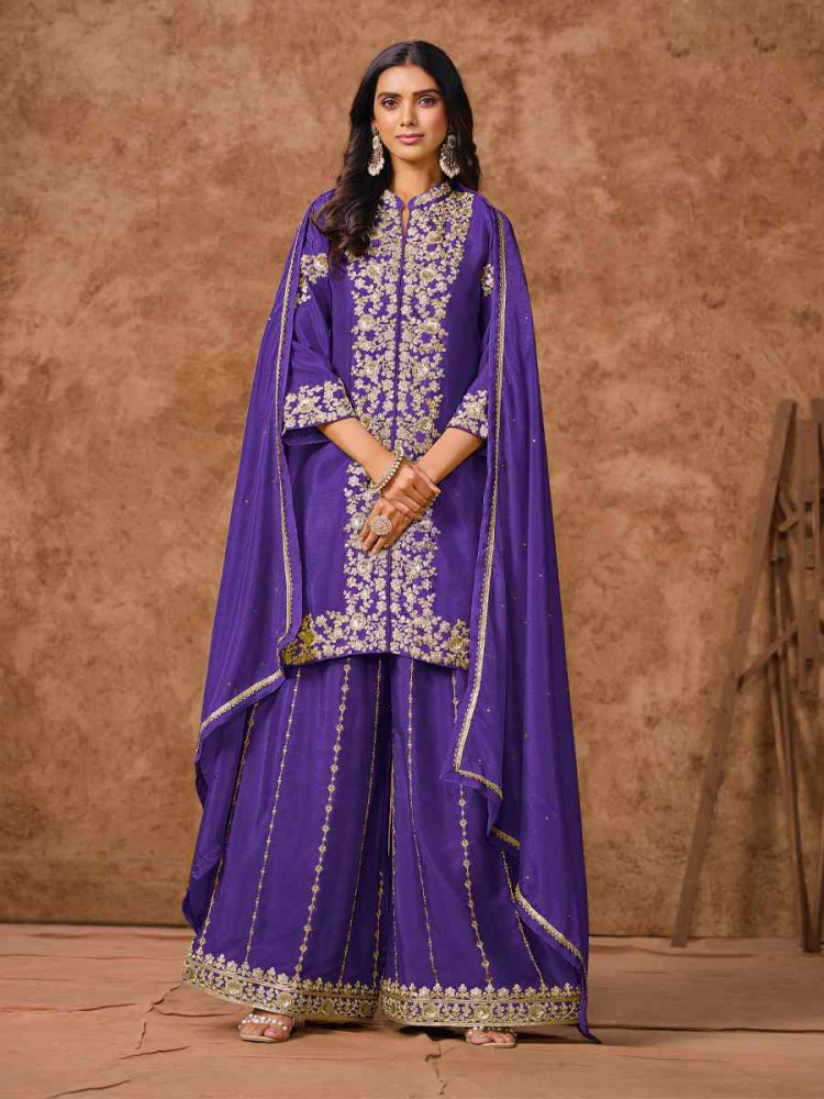 Purple Chinon Silk Embroidered Festival Wedding Ready Palazzo Pant Salwar Kameez