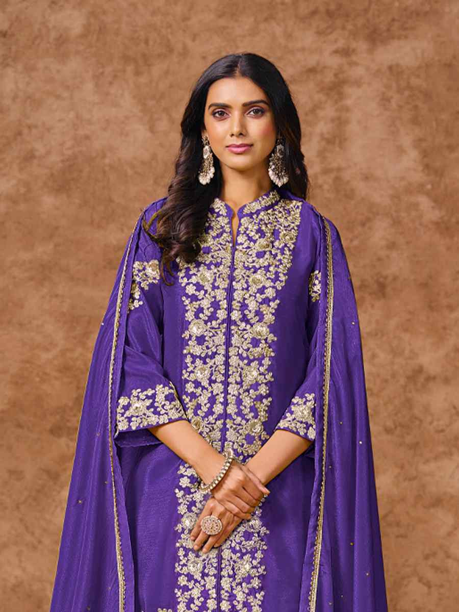 Purple Chinon Silk Embroidered Festival Wedding Ready Palazzo Pant Salwar Kameez