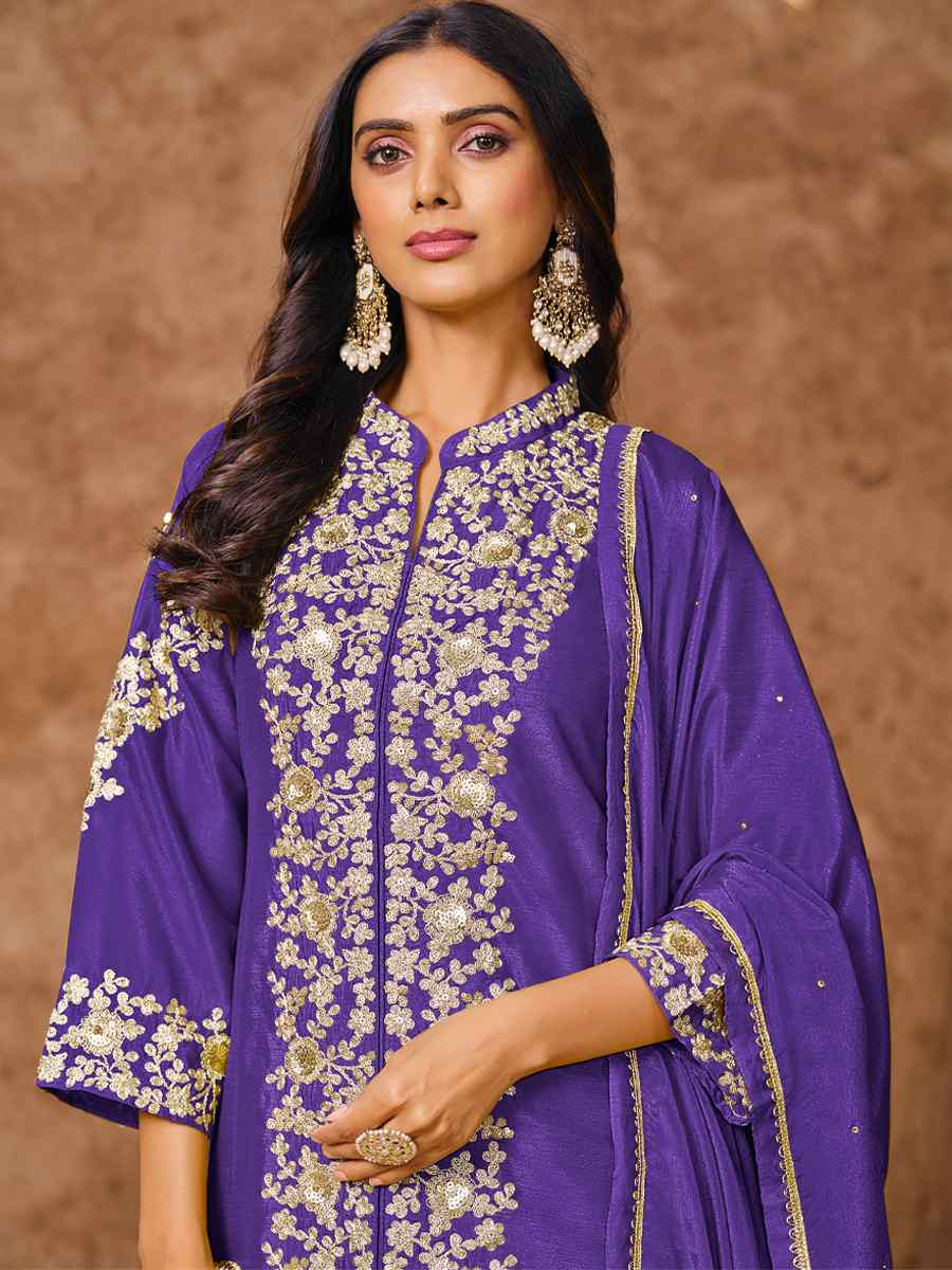 Purple Chinon Silk Embroidered Festival Wedding Ready Palazzo Pant Salwar Kameez