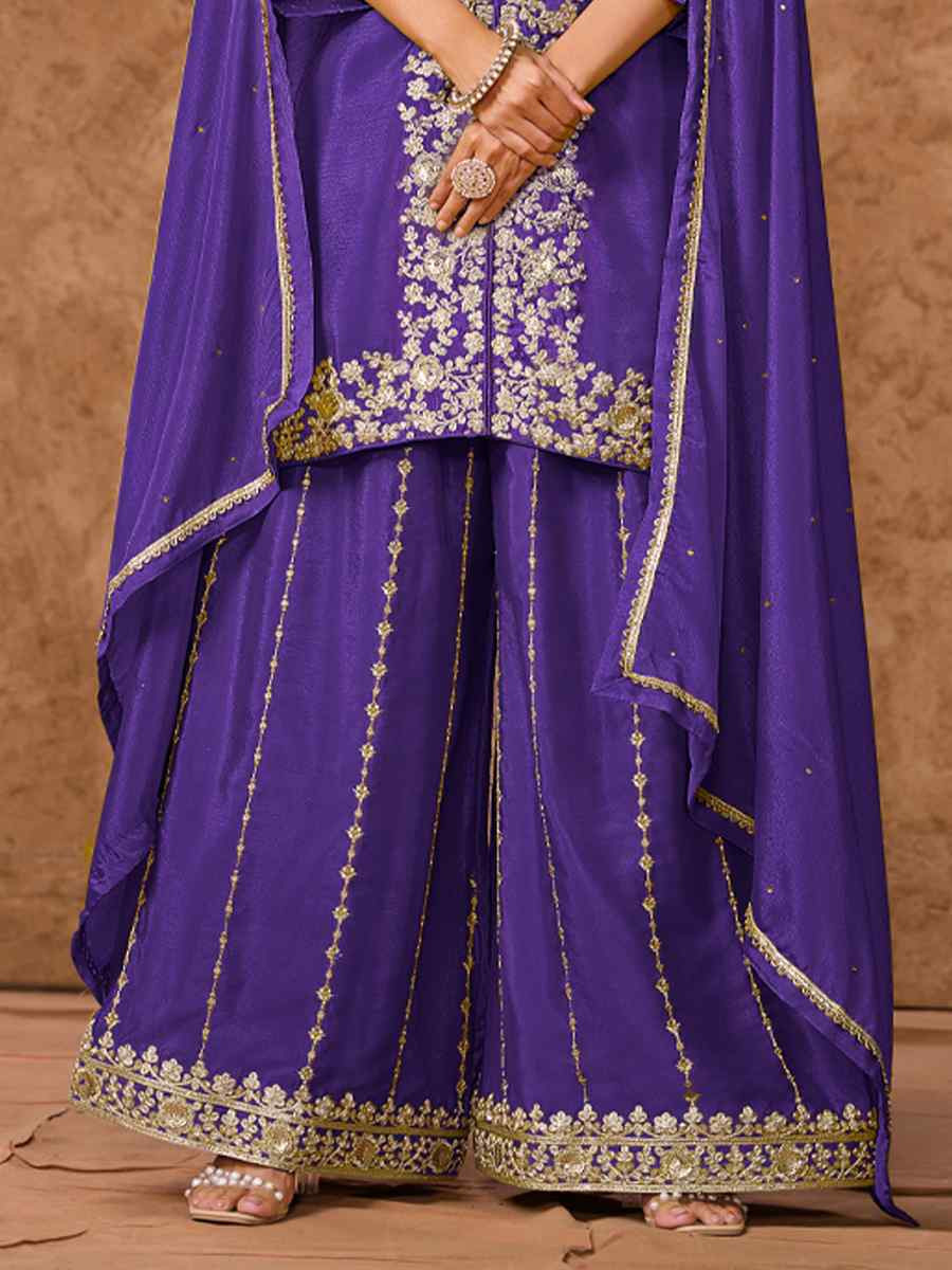 Purple Chinon Silk Embroidered Festival Wedding Ready Palazzo Pant Salwar Kameez