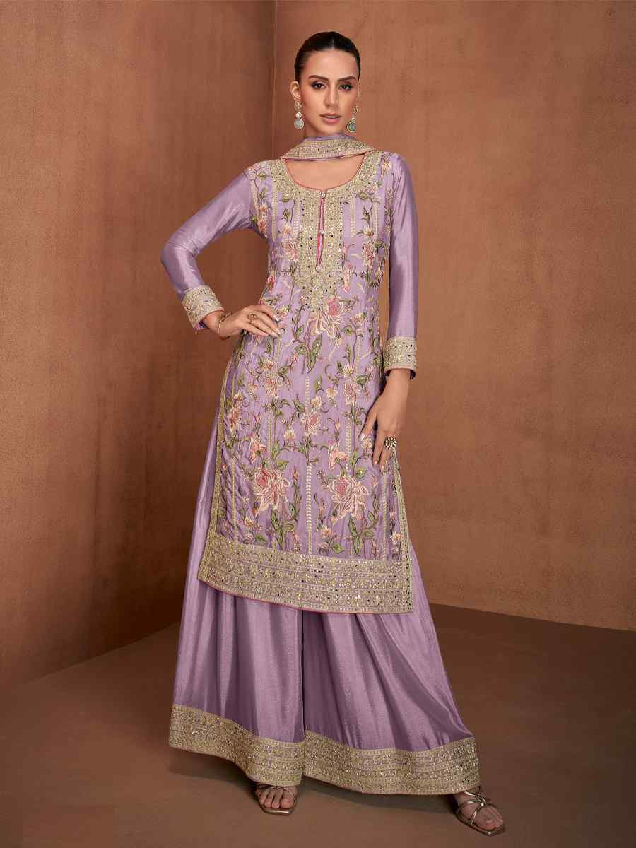 Purple Chinon Silk Embroidered Festival Wedding Ready Palazzo Pant Salwar Kameez