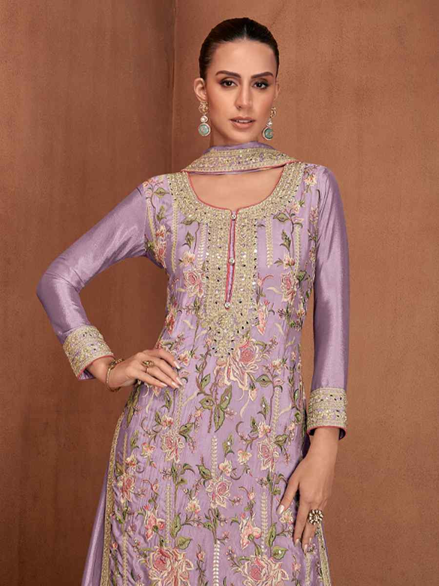 Purple Chinon Silk Embroidered Festival Wedding Ready Palazzo Pant Salwar Kameez